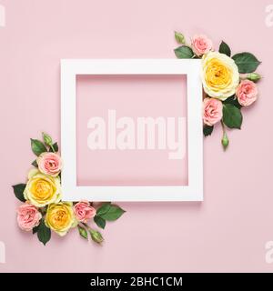White paper Frame of beautiful roses on pink background. Minimal holiday concept with copy space. Woman day, Valentines day layout. Stock Photo