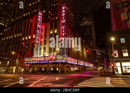 New York, NY - April 24, 2020: Empty corner where famous Radio City Music Hall located during COVID-19 pandemic Stock Photo