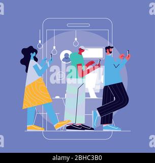 people connected online at home by different electronic means vector illustration design Stock Vector