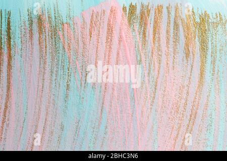 Pink and gold paint brush strokes on blue background. Hand painted background or texture for your design. Stock Photo