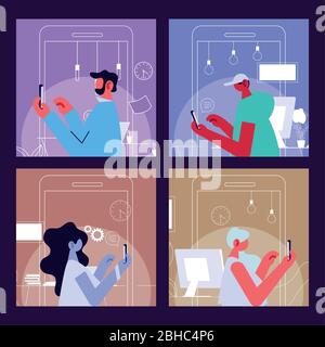 people connected online at home by different electronic means vector illustration design Stock Vector