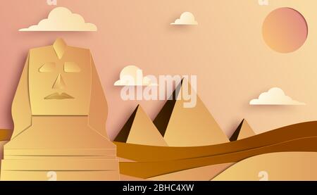 Paper layer art style of sphinx and Pyramid of Giza, world famous landmark of Egypt. Stock Vector