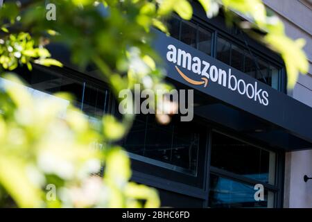 A logo sign outside of a Amazon Books retail store location in Bethesda, Maryland on April 22, 2020. Stock Photo