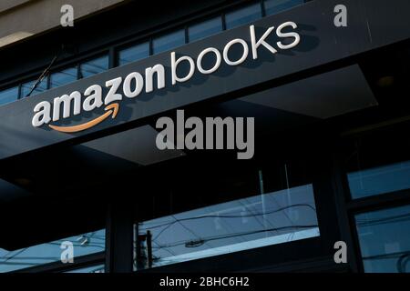 A logo sign outside of a Amazon Books retail store location in Bethesda, Maryland on April 22, 2020. Stock Photo