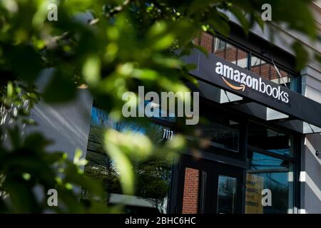 A logo sign outside of a Amazon Books retail store location in Bethesda, Maryland on April 22, 2020. Stock Photo