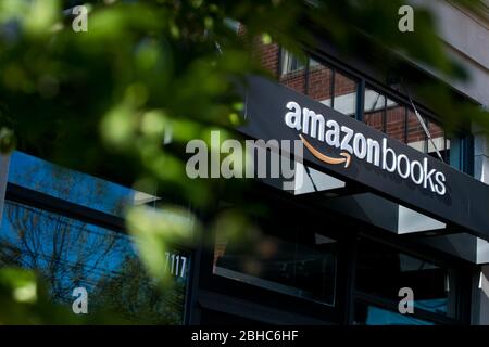 A logo sign outside of a Amazon Books retail store location in Bethesda, Maryland on April 22, 2020. Stock Photo