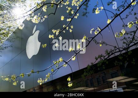 A logo sign outside of a Apple Store location in Bethesda, Maryland on April 22, 2020. Stock Photo
