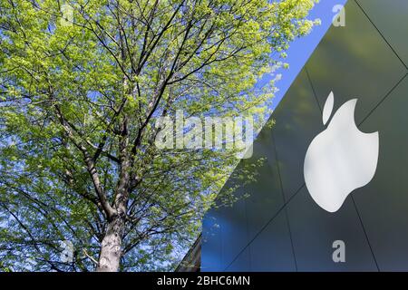 A logo sign outside of a Apple Store location in Bethesda, Maryland on April 22, 2020. Stock Photo