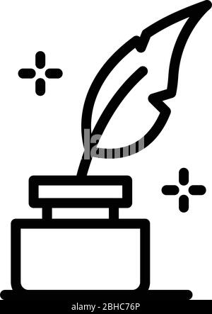 Quill in the inkwell icon, outline style Stock Vector