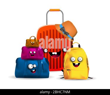 Bags and backpack for travel. Vacation fees. Suitcase character.. Stock Vector