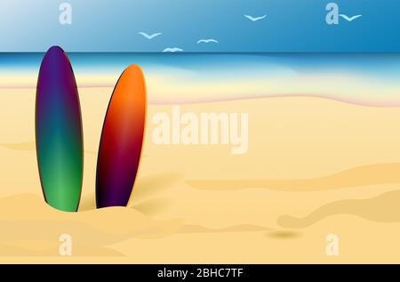 Beach and ocean. Yellow sandy beach. Background for summer posters and announcements. Vector illustration. Surfboard.. Stock Vector