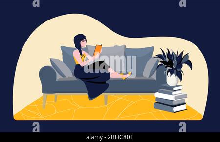 A woman is reading at home. Modern vector illustration. The concept of quarantine and self-isolation. Horizontal format. Stock Vector
