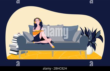 The girl at home reads in headphones. Modern vector illustration. The concept of quarantine and self-isolation. Horizontal format. Stock Vector