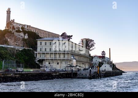Lighthouse, barracks apartment and shipdock  at Alcatraz Island Prison, San Francisco California USA, March 30, 2020 Stock Photo