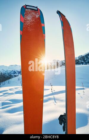 Pair of skis in snow with orange camus at sunny morning at the mountains Stock Photo