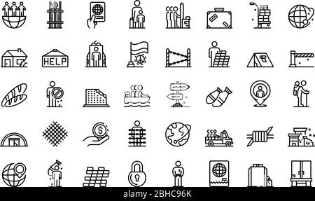 Illegal immigrants icons set, outline style Stock Vector
