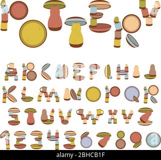Alphabet, font, letters, numerals. Handmade clay pottery with colored enamel. Letters from the dishes. Simple vector illustration Stock Vector