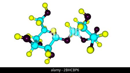 Maltose or maltobiose or malt sugar is a disaccharide formed from two units of glucose joined with an alpha bond. 3d illustration Stock Photo