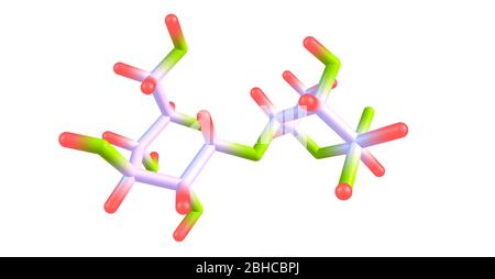 Maltose or maltobiose or malt sugar is a disaccharide formed from two units of glucose joined with an alpha bond. 3d illustration Stock Photo