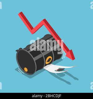 Flat 3d isometric businessman has been crushed by oil barrel with falling graph. Financial and oil price crisis concept. Stock Vector