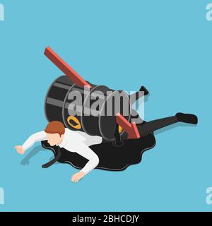 Flat 3d isometric falling red arrow piercing through oil barrel over businessman. Oil price crisis concept. Stock Vector