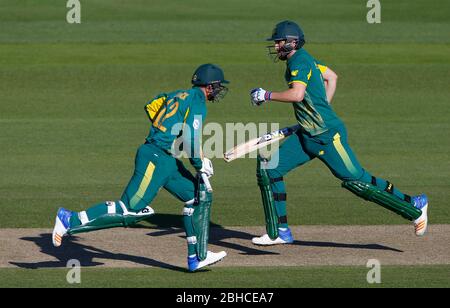 Quinton de Kock (L) and Wayne Parnell of South Africa take a quick single during the Tour Match between Sussex and South Africa at The 1st Central County Ground in Hove. 19 May 2017 Stock Photo