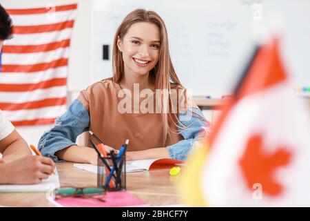 Woman taking classes at language school Stock Photo