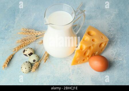 Different dairy products on color background Stock Photo