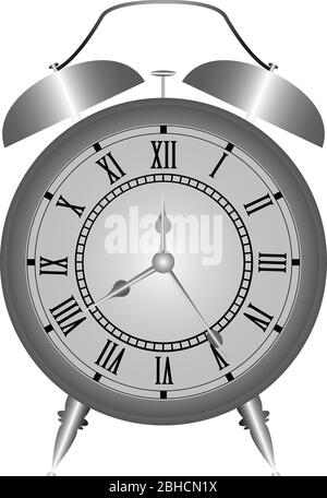 Old vintage retro clock vector design, with alarm and handle, metalic steel carcas, designed with legs Stock Vector
