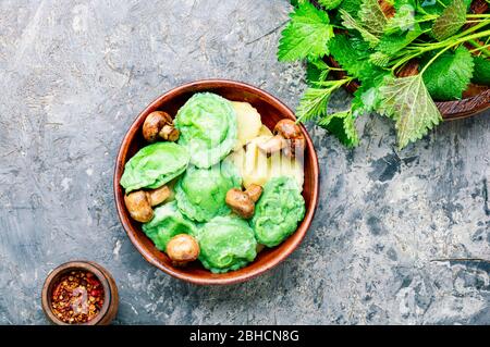 Appetizing Italian ravioli cooked with nettles and spinach Stock Photo