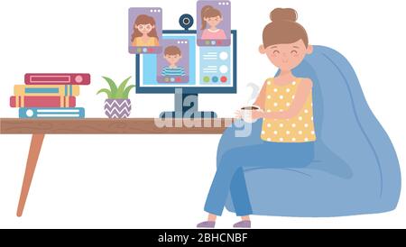 stay at home, studying online people books and potted plant on desk vector illustration Stock Vector