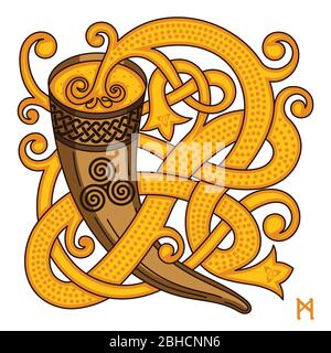 Celtic, Scandinavian design. Drinking horn with mead and woven pattern Stock Vector