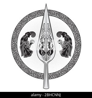 The Spear Of The God Odin - Gungnir. Two ravens and Scandinavian pattern Stock Vector