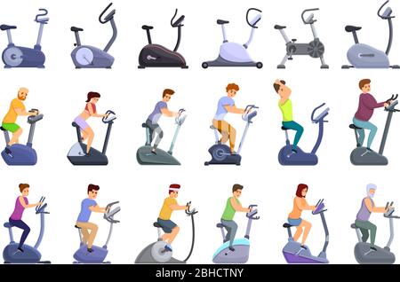 Exercise bike icons set. Cartoon set of exercise bike vector icons for web design Stock Vector