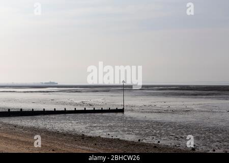 Deserted beach scene at Westcliff-on-Sea, Essex, during the 2020 coronavirus lockdown. Stock Photo