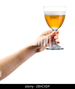 Woman hand holding glass of lager beer isolated on white. Stock Photo