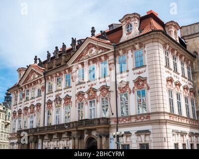 Prague, Czech Republic - June 9 2019: Goltz-Kinsky Palace or Palac Goltz-Kinskych on Old Town Square. A Historic Rococo Building in Czechia. Stock Photo