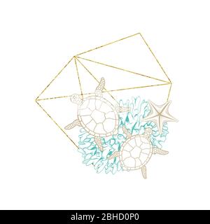Marine art wreath, sketch line design with turtles and sea corals in vector gold glitter geometric frame. Turquoise underwater corals and starfish line elements summer travel and tropical vacations Stock Vector
