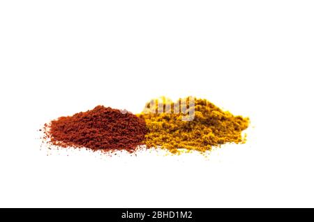 Mix of different powders like paprica and curry isolated on white background Stock Photo