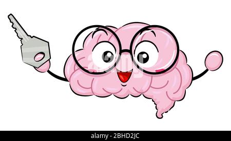 Illustration of a Brain Mascot Holding a Key and Wearing Eyeglasses Stock Photo