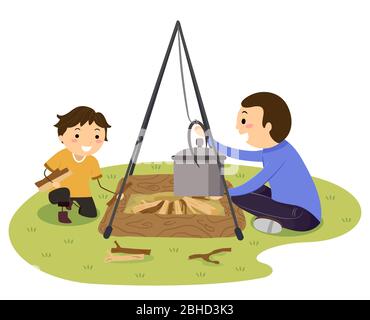 Illustration of a Stickman Kid Boy and Father Setting Up an Open Fire in an Off the Grid Camp Stock Photo