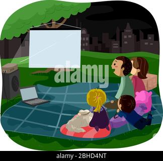 Illustration of Stickman Family in Night Picnic Watching Movie Outdoors Stock Photo