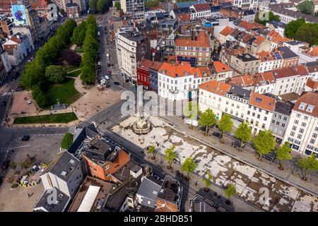 Brussels, Belgium - April 18, 2020 -Aerial view on Quai aux Briques and Sainte-Catherine Church, old and popular quater in Brussels, View During confi Stock Photo