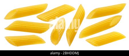 Raw italian penne rigate pasta isolated on white background Stock Photo
