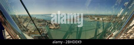 Panoramic view South over the Solent and Isle of Wight from the viewing deck of the Spinnaker Tower, Gunwharf Quays, Portsmouth, Hampshire, England,UK Stock Photo