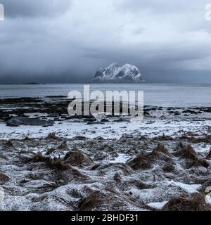 View from Vaeroy beach airport on an isle Stock Photo