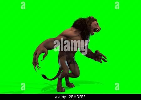 Fantasy character Humanoid Lion in epic pose - 3D render on black background Stock Photo