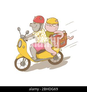 Two cartoon cats riding a bike with helmets and laundry basket. Stock Photo