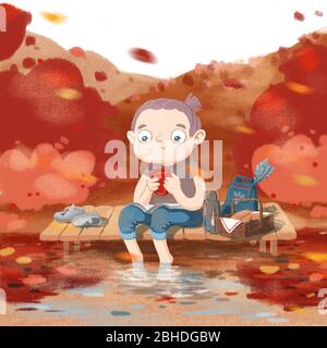 Little cartoon girl surrounded by autumn forest sitting on the pier with feet in water and holding smartphone. Stock Photo