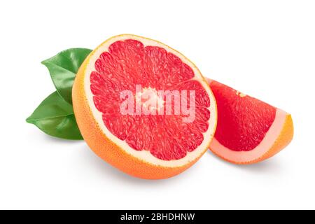 Grapefruit half and slice with leaves isolated on white background. With clipping path and full depth of field. Stock Photo